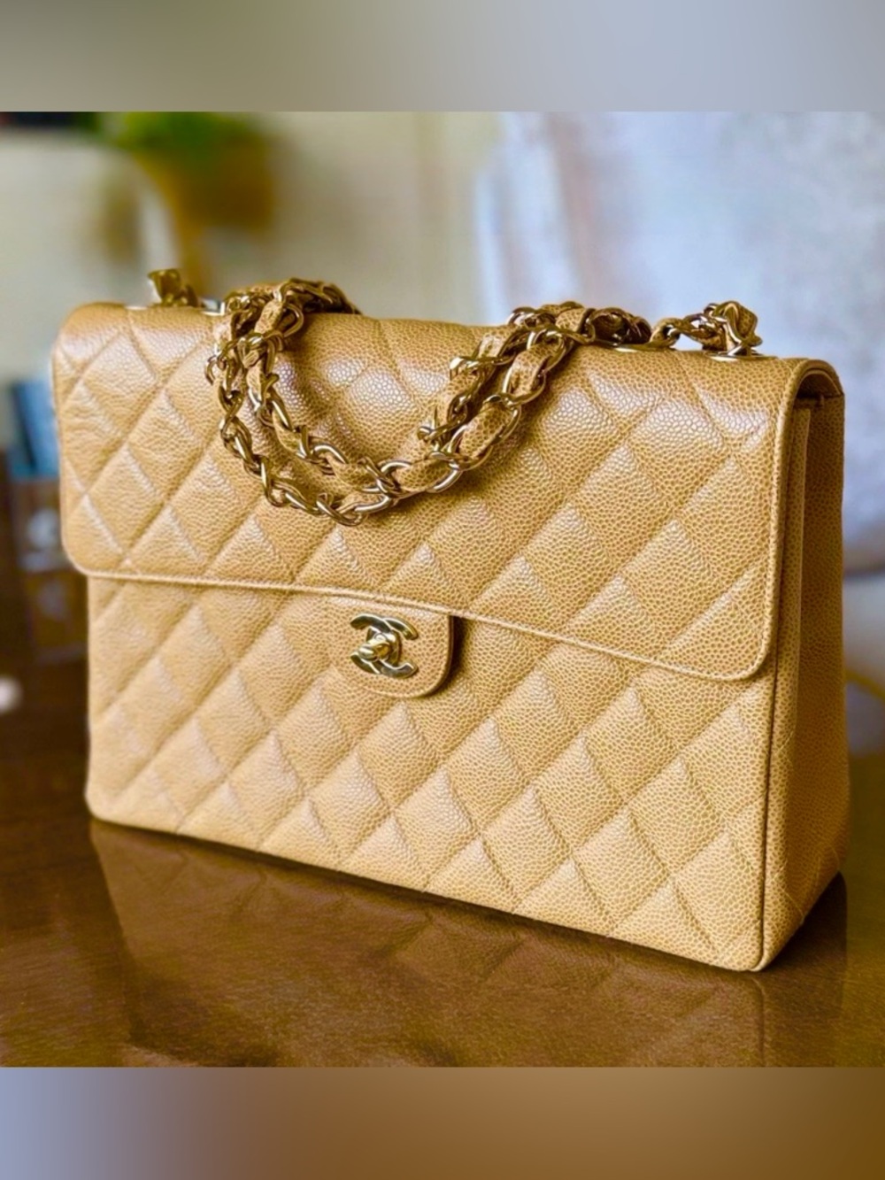 Chanel Classic  Single Flap Jumbo Caviar Bag Beige Camel Gold Chain